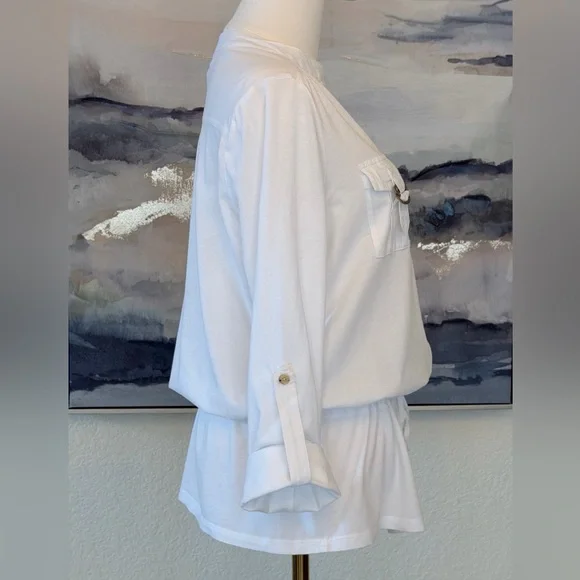 Michael Kors White Cotton Utility Shirt with Gold MK Hardware & Drawstring Waist - Picture 11 of 16